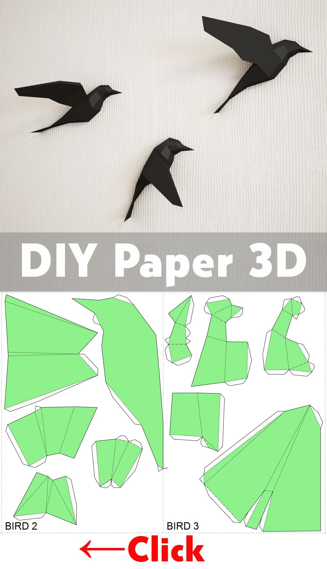 3d Papercraft Diy Paper Birds On Wall 3d Papercraft Easy Paper Model Sculpture