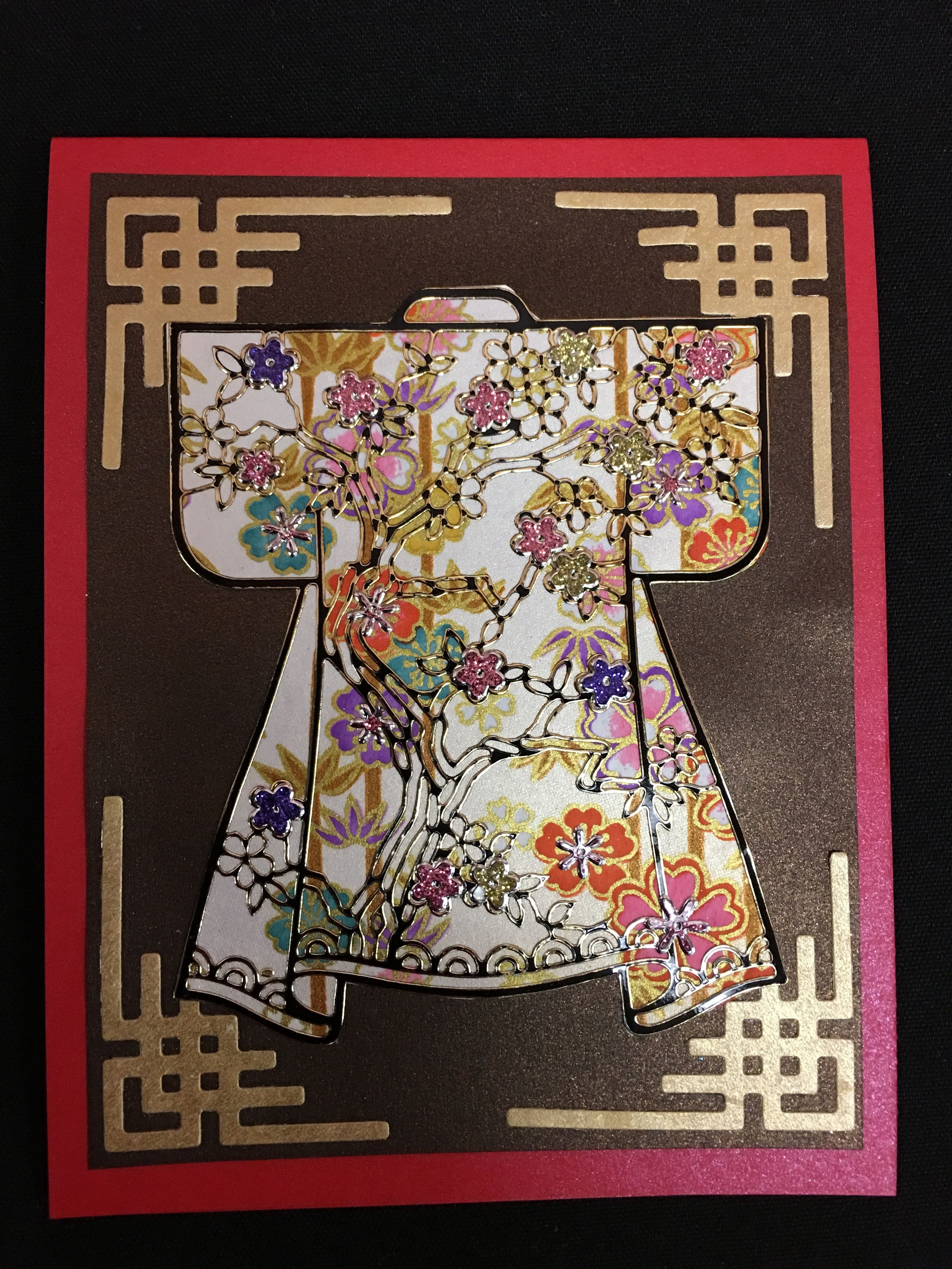 Japanese Papercraft Handmade Greeting Card asian theme Kimono Lines Stamped On