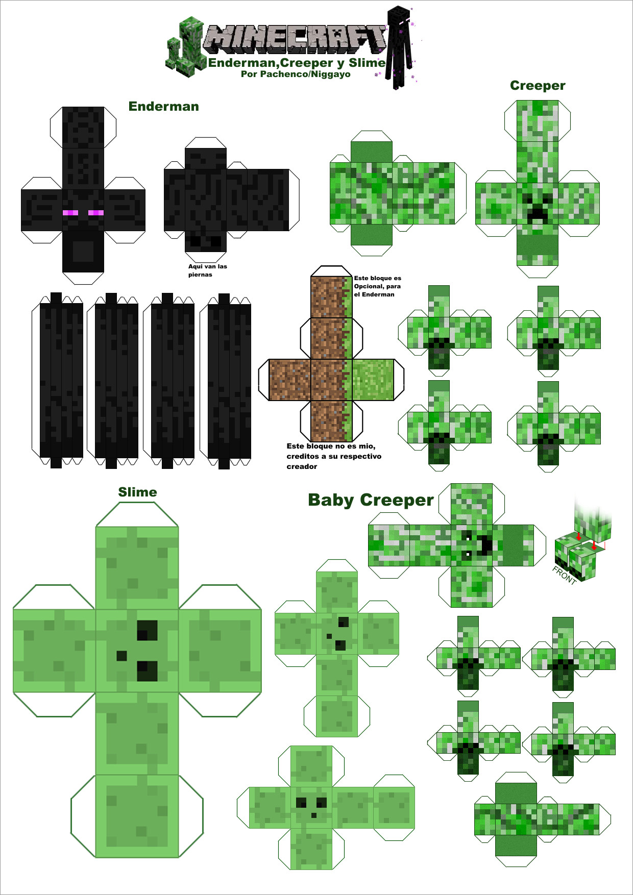 Minecraft Papercraft Models Minecraft Papercraft Enderman, Slime, Creeper and Baby Creeper