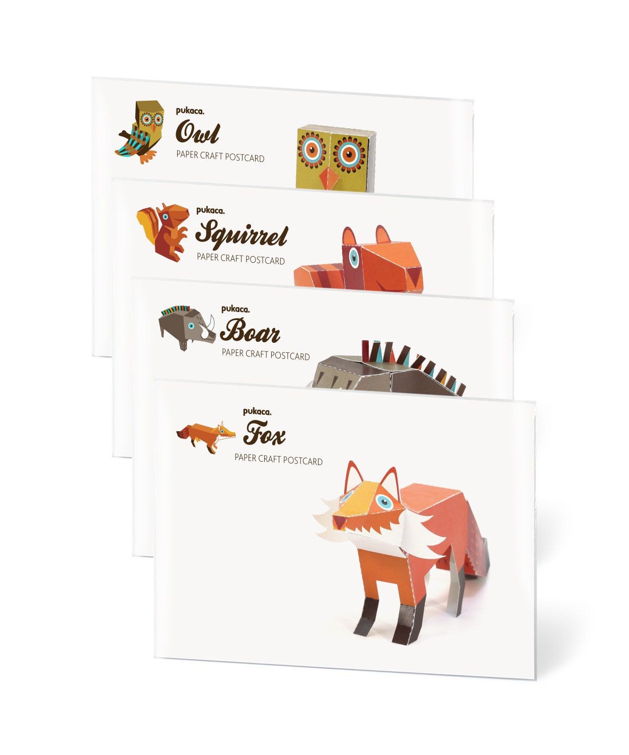 Owl Papercraft 4 forest Animals Paper Craft Postcards Fox Squirrel Boar Owl