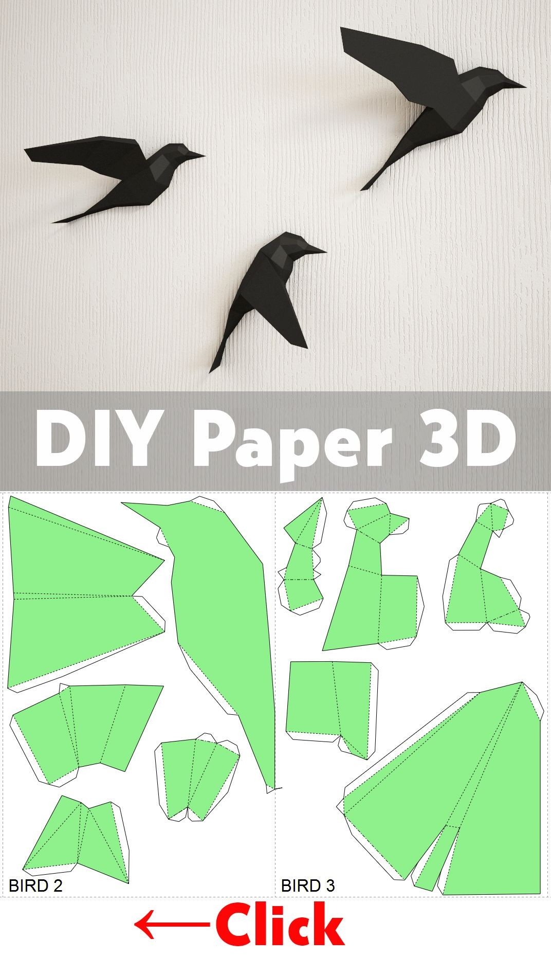 Papercraft Animals Diy Paper Birds On Wall 3d Papercraft Easy Paper Model Sculpture