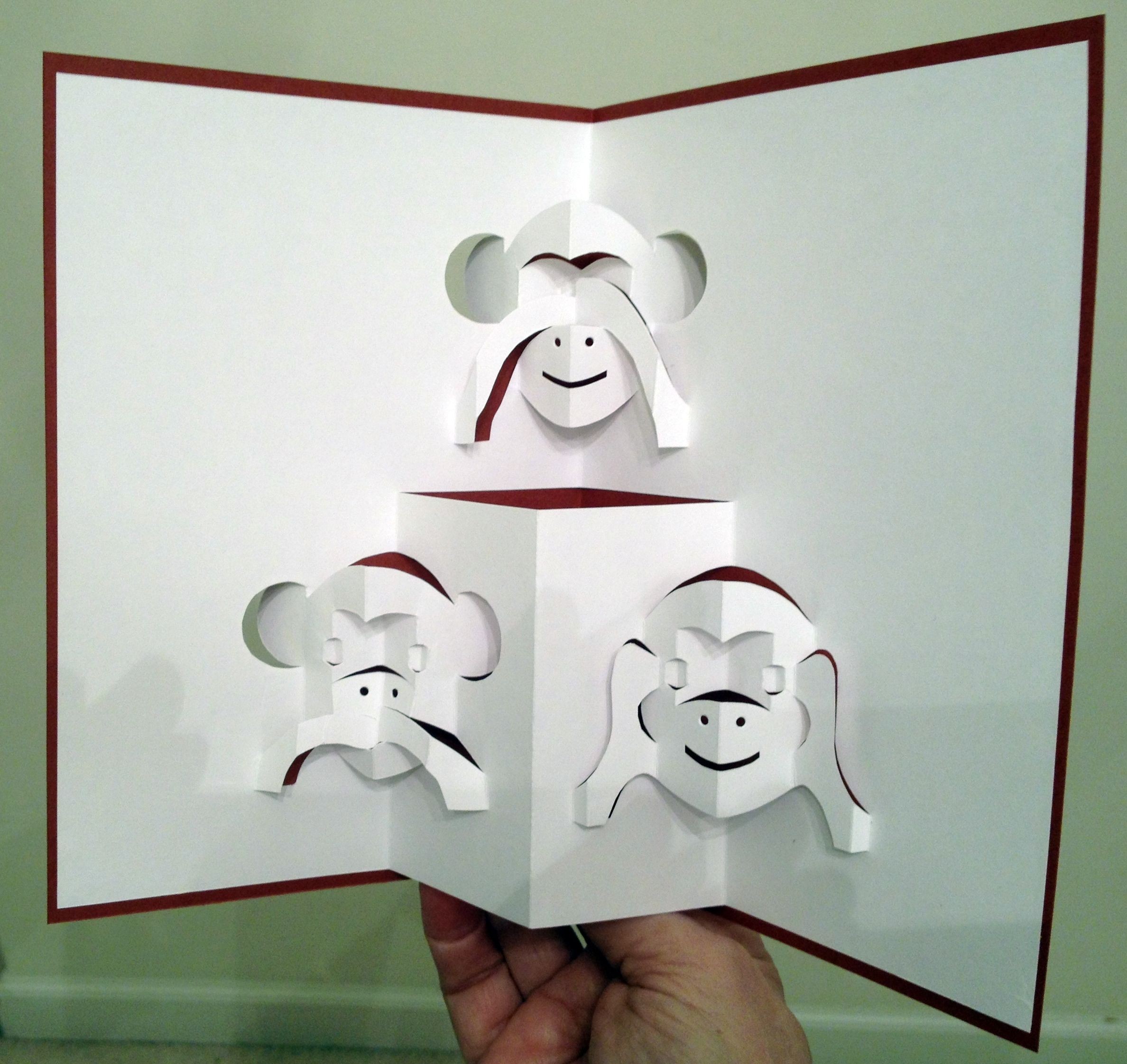 Pop Up Papercraft Three Monkeys Pop Up Card Template From Pattern Sheets Of origamlc