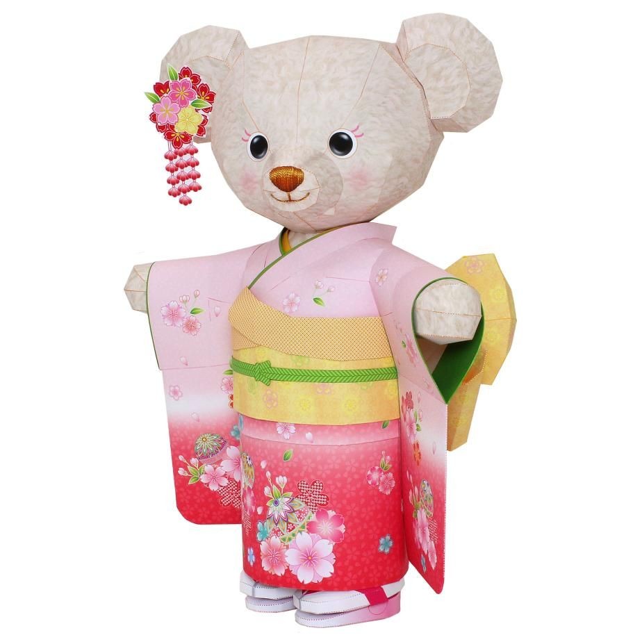 Teddy Bear Papercraft Kimono Teddy Bear toys Paper Craft Doll Pink Red Cherry Blossoms