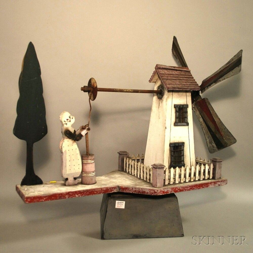 Windmill Papercraft Folk Art Painted Wood and Metal Windmill and Maiden with Churn
